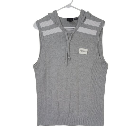 Armani Exchange Top Mens Hooded Knit Striped Shoulders Gray Sleeveless Size M - Picture 1 of 9